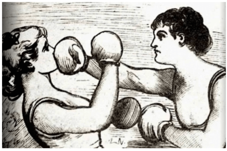 Elizabeth Wilkinson Drawing of two women facing each other and wearing boxing gloves. The woman on the right is shown delivering a punch to the face of the other with her left hand. The woman on the left attempts to block with her left hand.